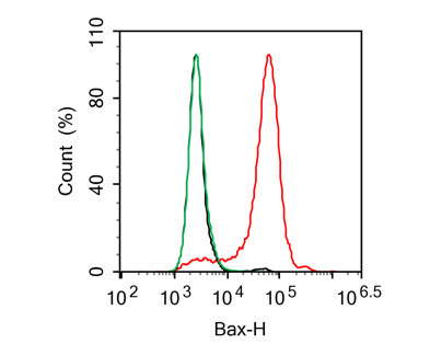 Flow cytometric analysis of HeLa cells labeling Bax.<br /><br />Cells were fixed and permeabilized. Then stained with the primary antibody (<a href="/products/ET1603-34" style="font-weight: bold;text-decoration: underline;">ET1603-34</a>, 1μg/mL) (red) compared with Rabbit IgG Isotype Control (green). After incubation of the primary antibody at +4℃ for an hour, the cells were stained with a iFluor™ 488 conjugate-Goat anti-Rabbit IgG Secondary antibody (<a href="/products/HA1121" style="font-weight: bold;text-decoration: underline;">HA1121</a>) at 1/1,000 dilution for 30 minutes at +4℃. Unlabelled sample was used as a control (cells without incubation with primary antibody; black).
