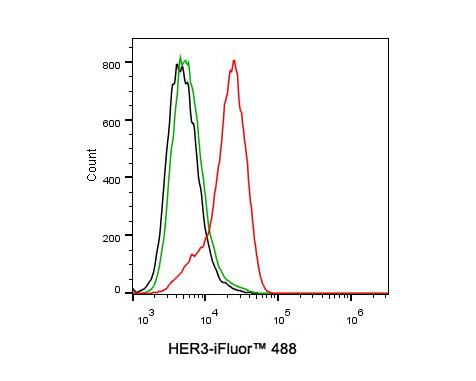 Flow cytometric analysis of SK-Br-3 cells labeling HER3.<br /><br />Cells were washed twice with cold PBS and resuspend. Then stained with the primary antibody (<a href="/products/HA721135" style="font-weight: bold;text-decoration: underline;">HA721135</a>, 1ug/ml) (red) compared with Rabbit IgG Isotype Control (green). After incubation of the primary antibody at +4℃ for an hour, the cells were stained with a iFluor™ 488 conjugate-Goat anti-Rabbit IgG Secondary antibody (<a href="/products/HA1121" style="font-weight: bold;text-decoration: underline;">HA1121</a>) at 1/1,000 dilution for 30 minutes at +4℃. Unlabelled sample was used as a control (cells without incubation with primary antibody; black).